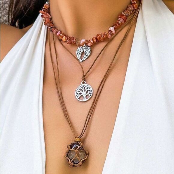 Brown & Silver Wing & Tree Of Life 3pc Stone Necklace Set - Picture 1 of 4